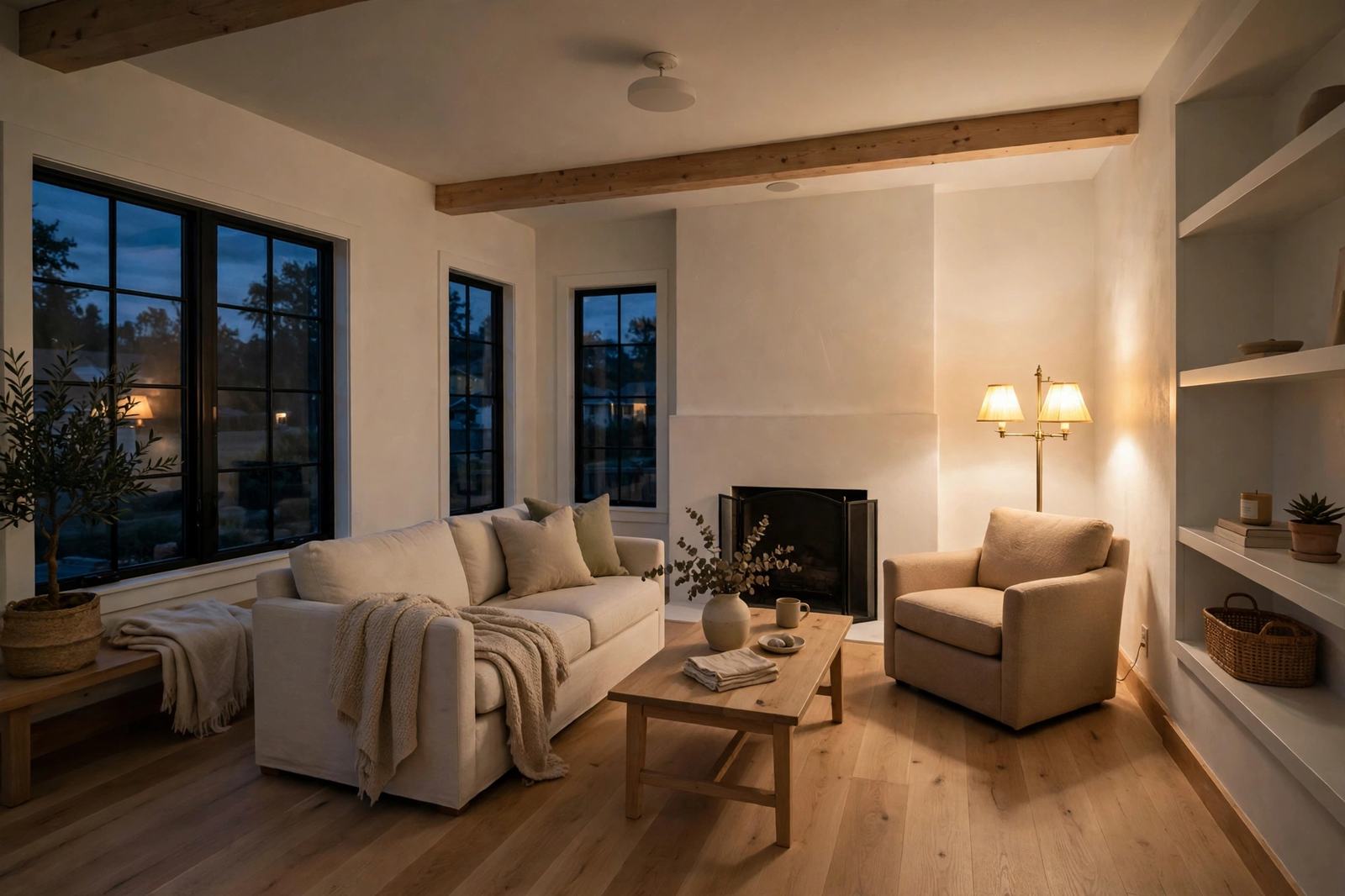 A restored living room in warm lamplight